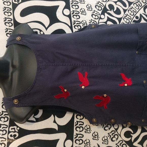 Womens dark blue overall dress by Christopher & Banks with birds. Size M. - Picture 3 of 8